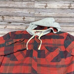 Jetty Mens Hooded Flannel Shirt Jacket Red Black Plaid Jersey Lined Size Large